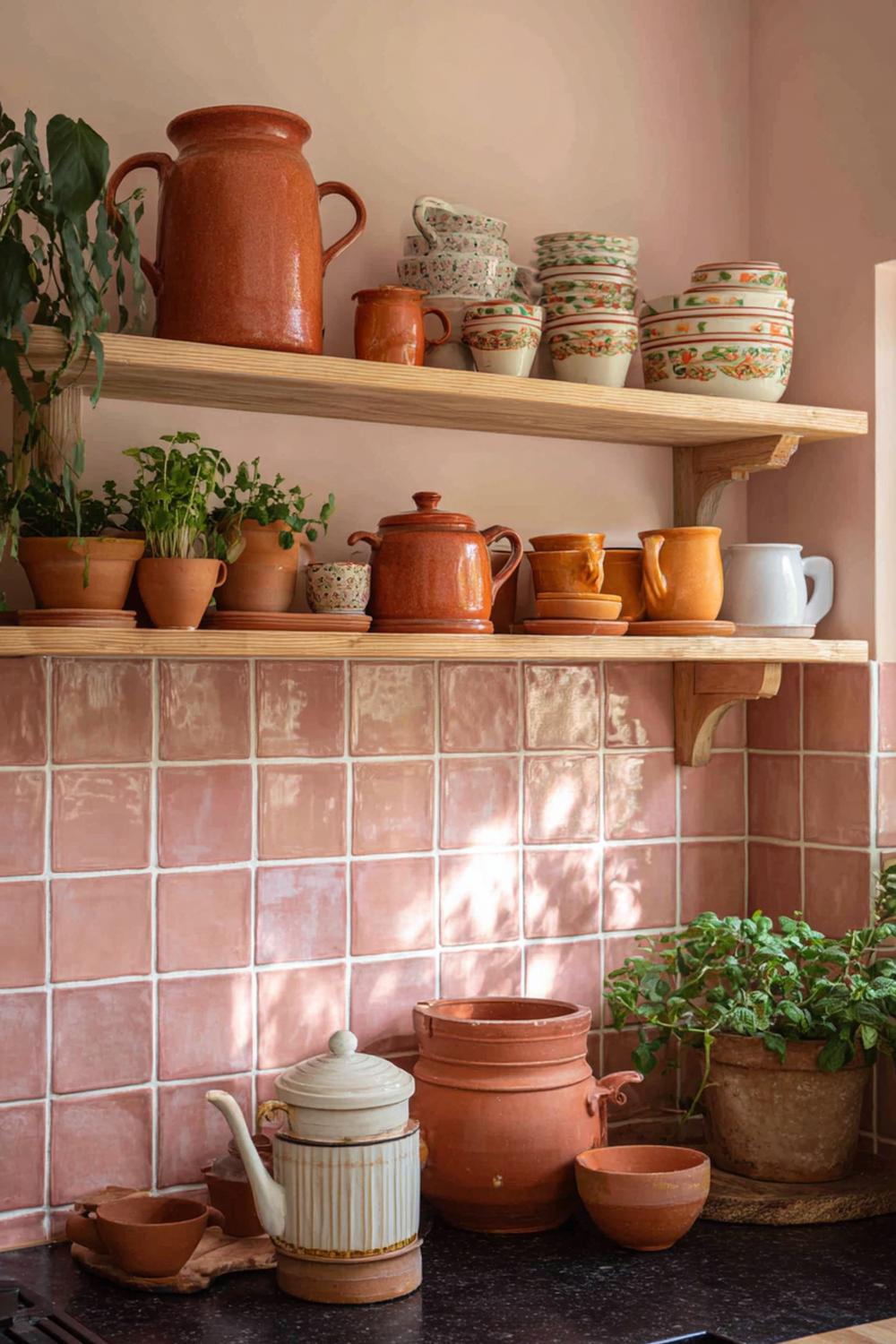 15. Keuken inspiratie met een kruidenwand en potten in terracotta
