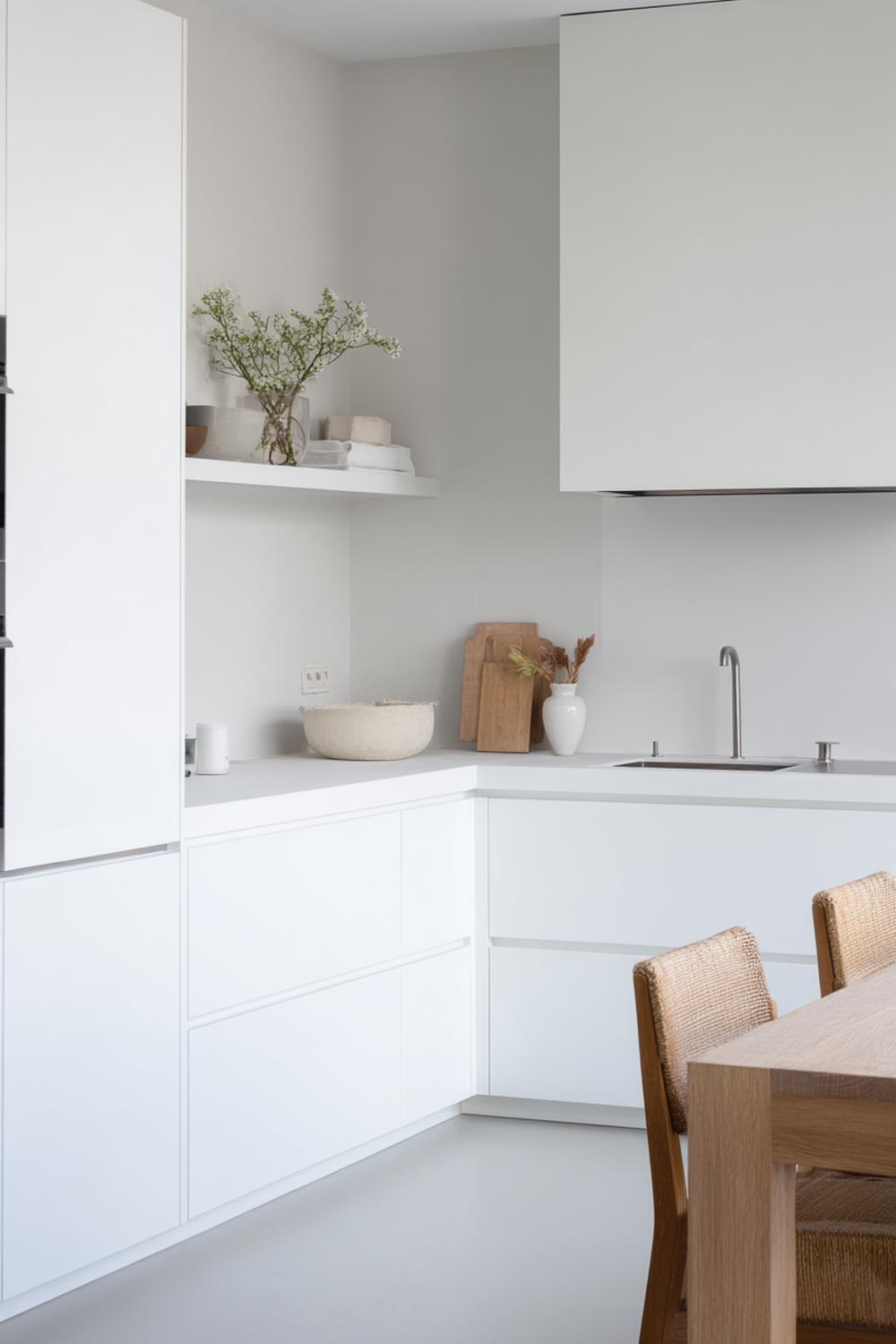 16. Keuken inspiratie met een minimalistische witte keuken en houten accenten