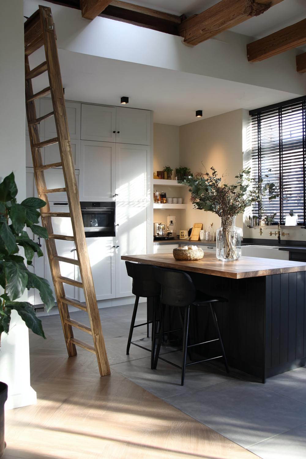 23. Keuken inspiratie met een plafondhoge kastenwand en ladderrail