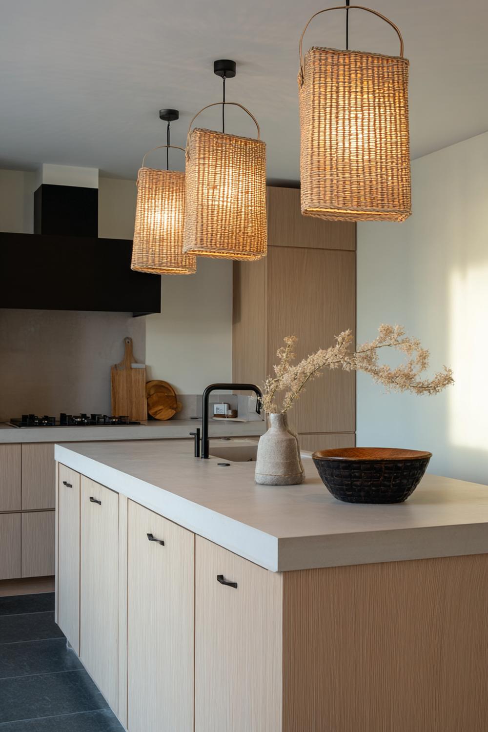 25. Keuken inspiratie met rieten lampenkappen en lichte linnen textiel