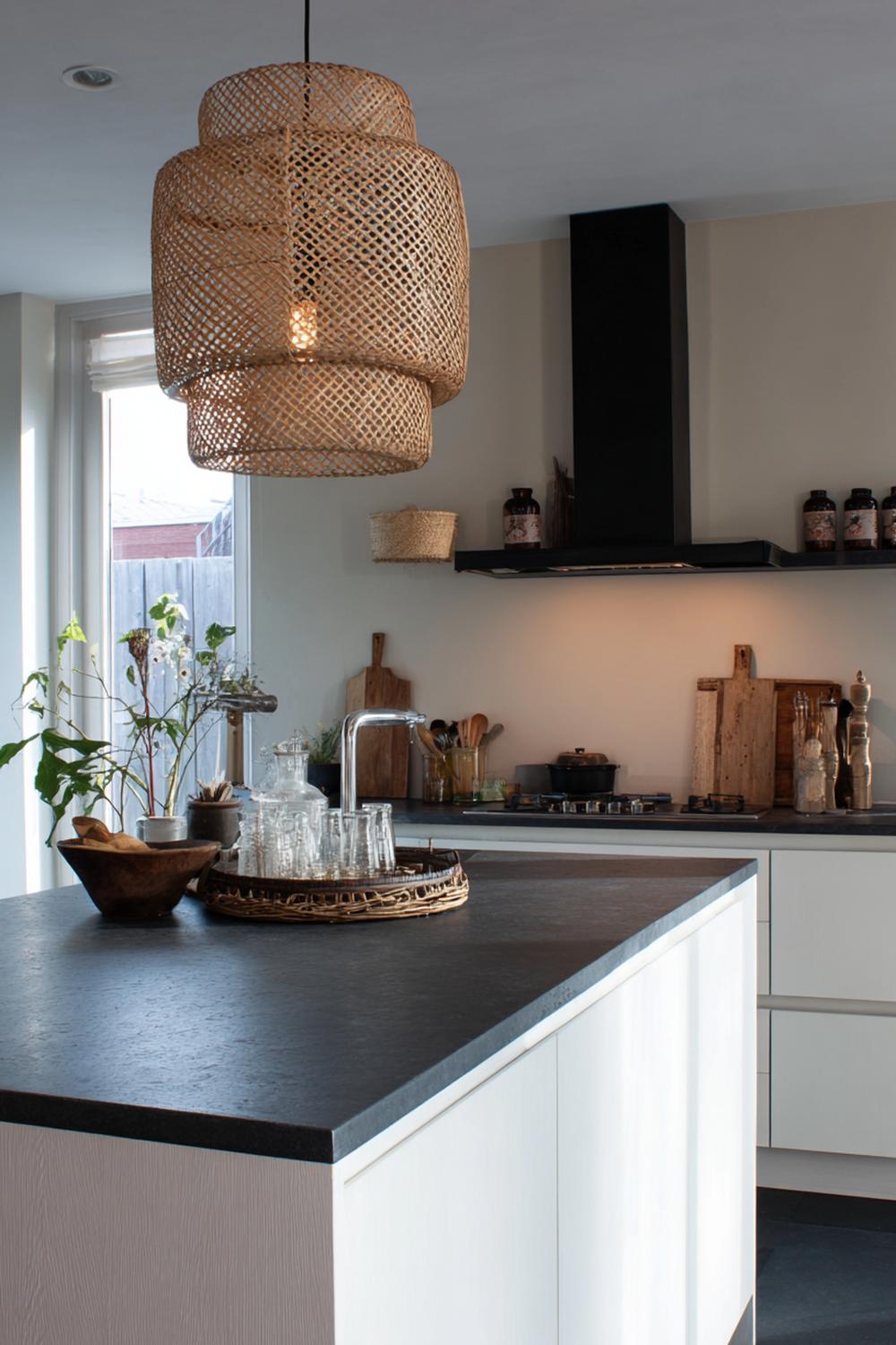 39. Keuken inspiratie met een statement lamp boven het eiland