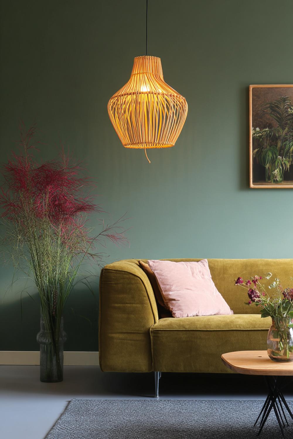 17. Kleurrijke woonkamers met olijfgroene muur en rieten hanglamp