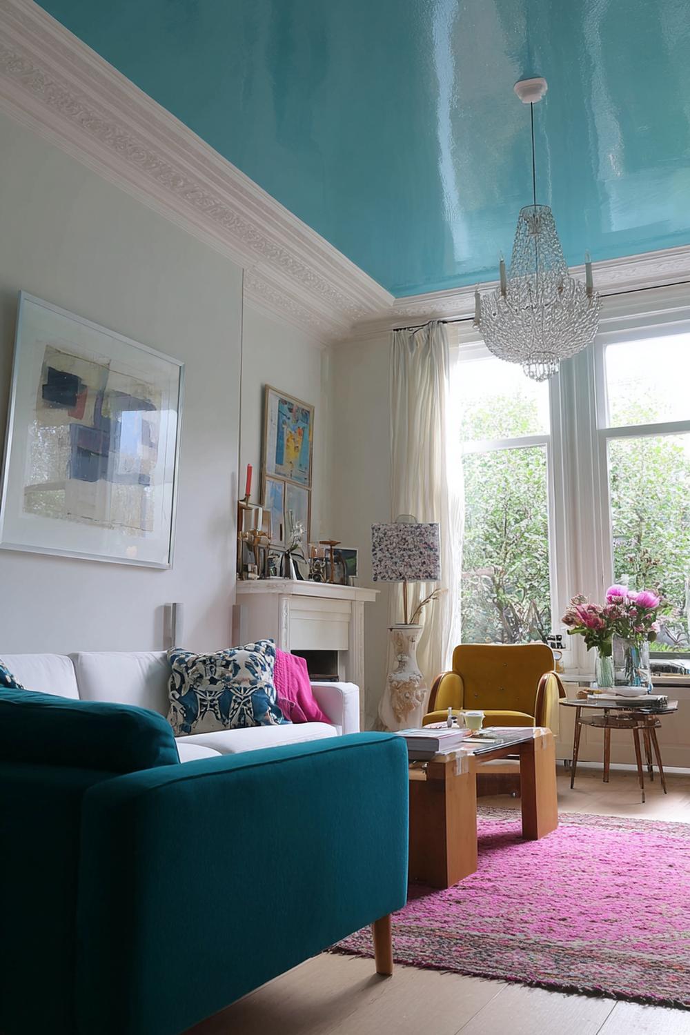 21. Kleurrijke woonkamers met teal plafond en lichte wanden