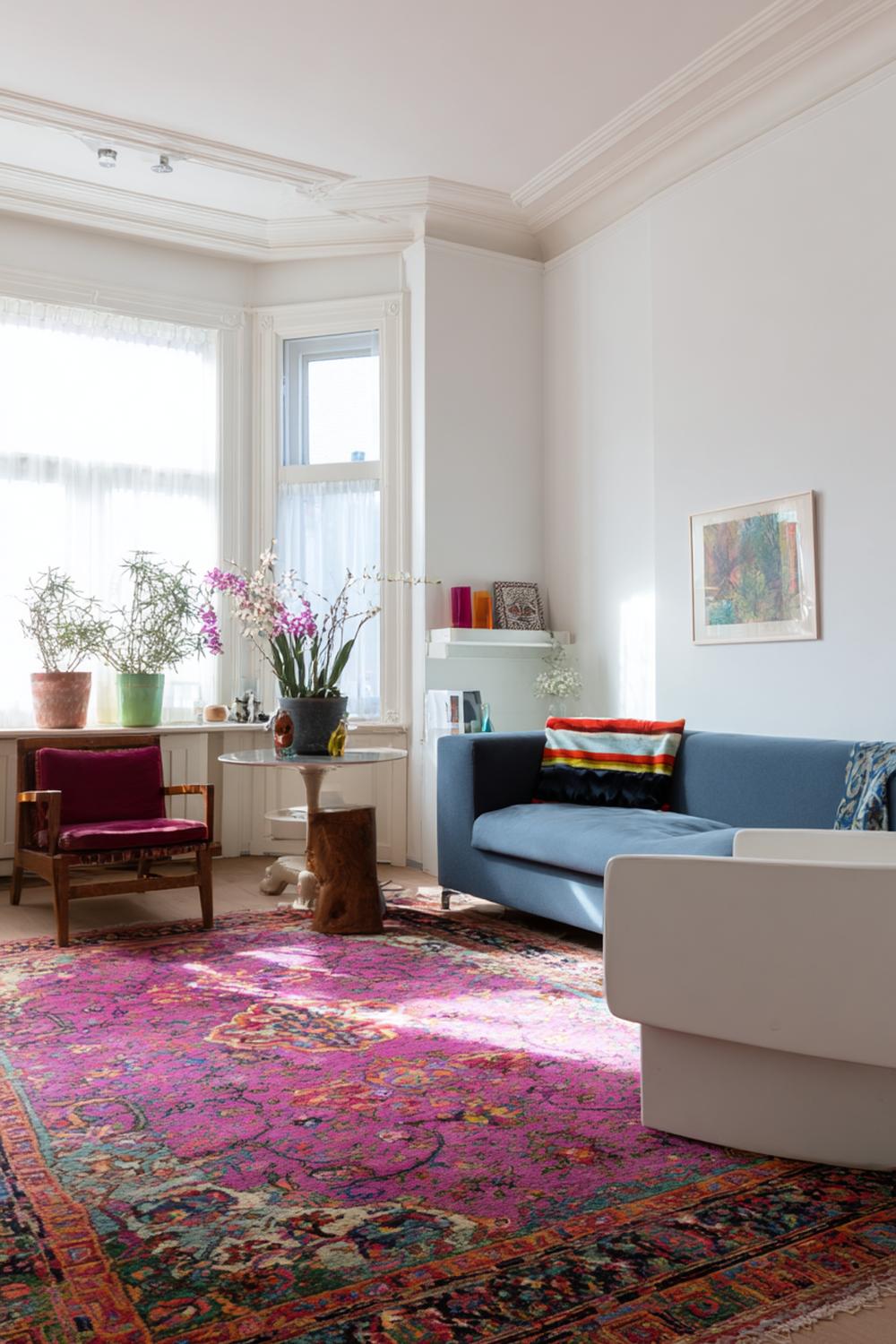 22. Kleurrijke woonkamers met vintage tapijt en moderne bank