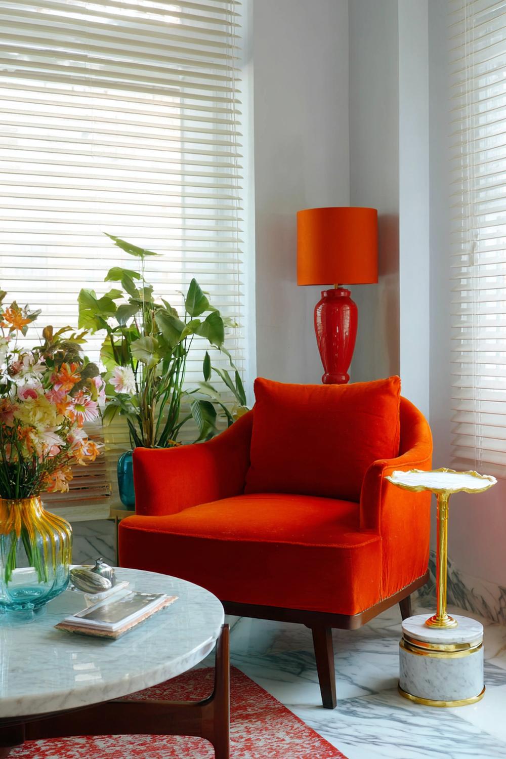 24. Kleurrijke woonkamers met rood-oranje fauteuil en marmeren bijzettafel
