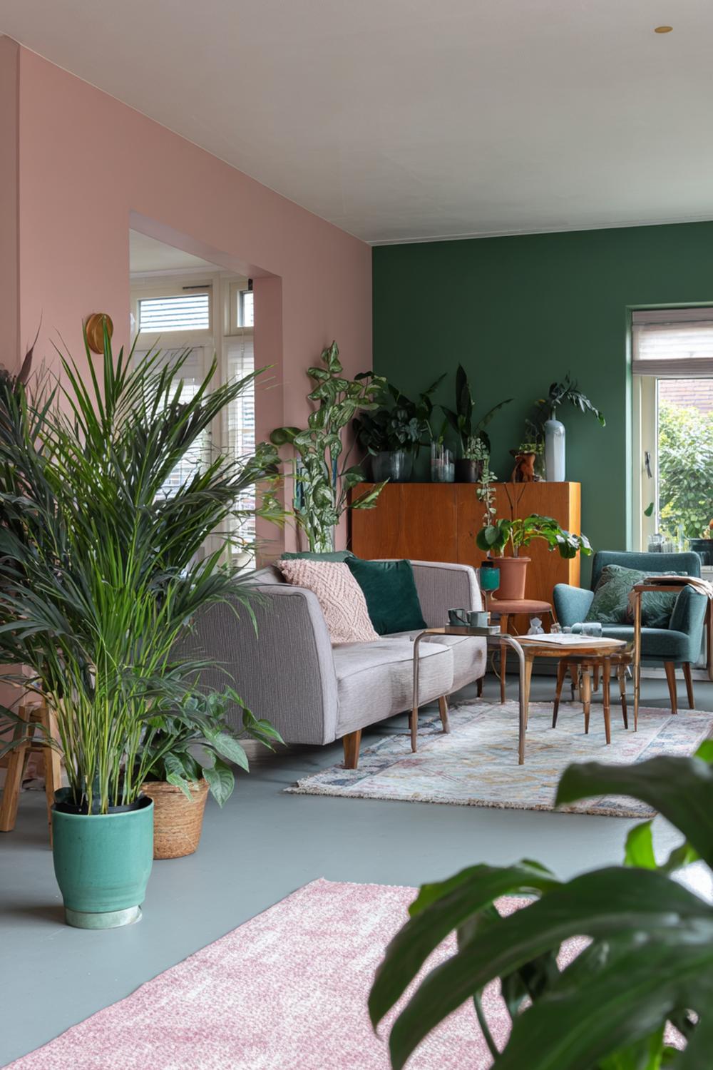26. Kleurrijke woonkamers met aardetinten palet en groene plantenhoek