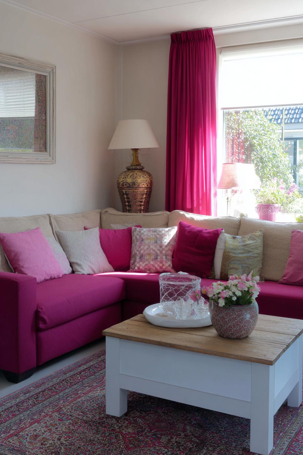 27. Kleurrijke woonkamers met fuchsia kussens en beige basis