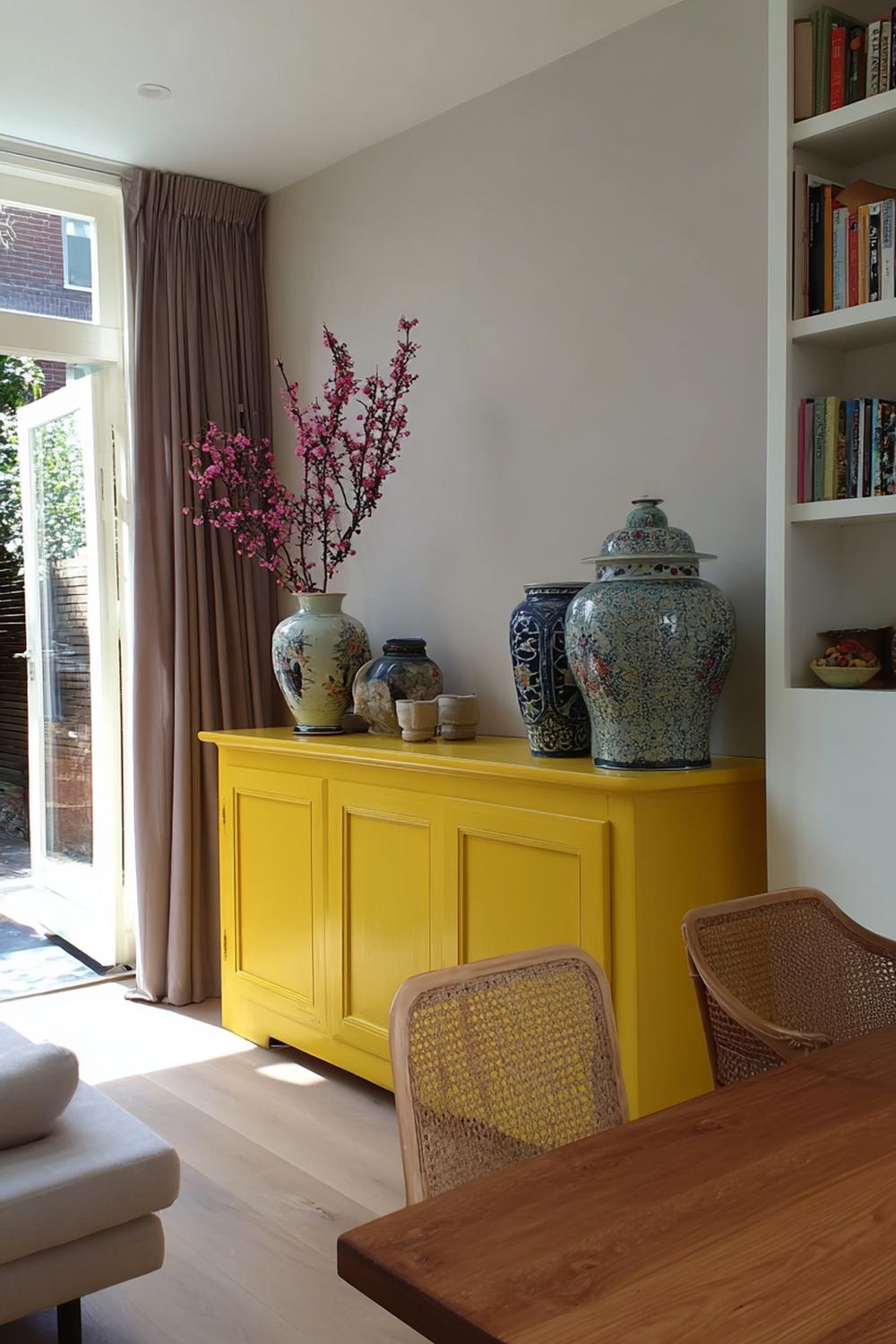 29. Kleurrijke woonkamers met kerriegeel dressoir en keramieken vazen