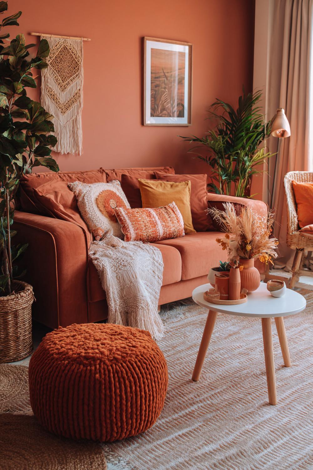 32. Kleurrijke woonkamers met boho prints en terracotta accessoires