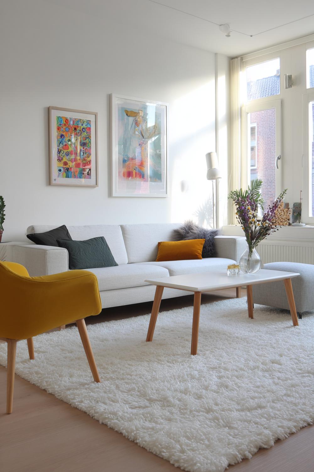 33. Kleurrijke woonkamers met Scandinavisch wit en kleurrijke kunst