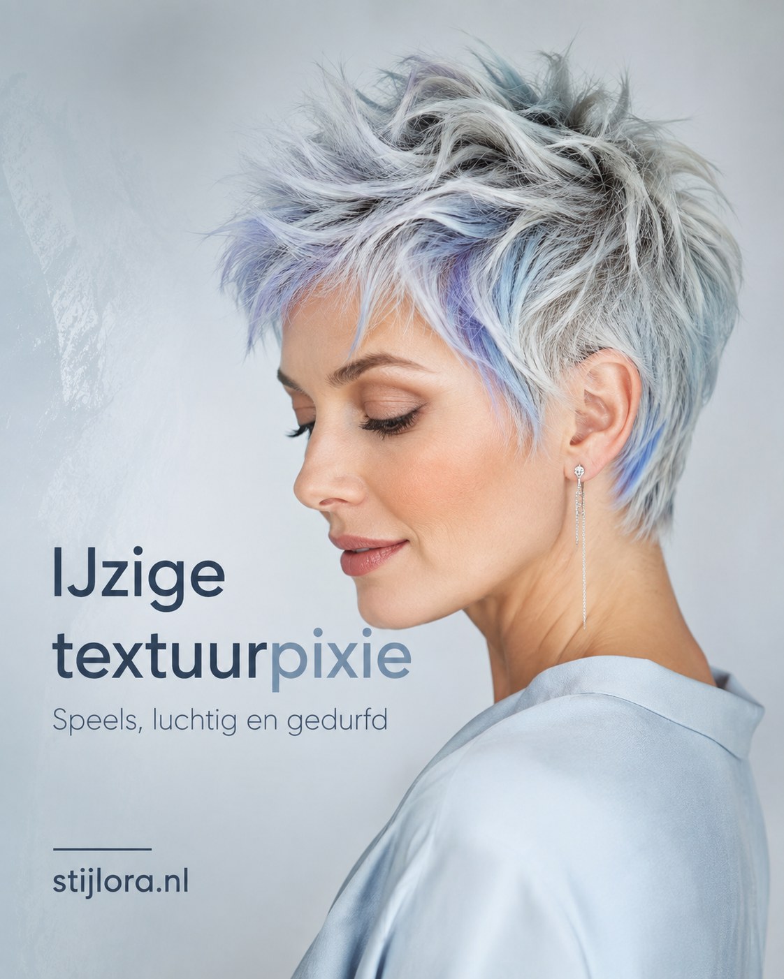 Kort kapsel met bril getoond in een speelse ijsblauwe textuurpixie met pastelaccenten