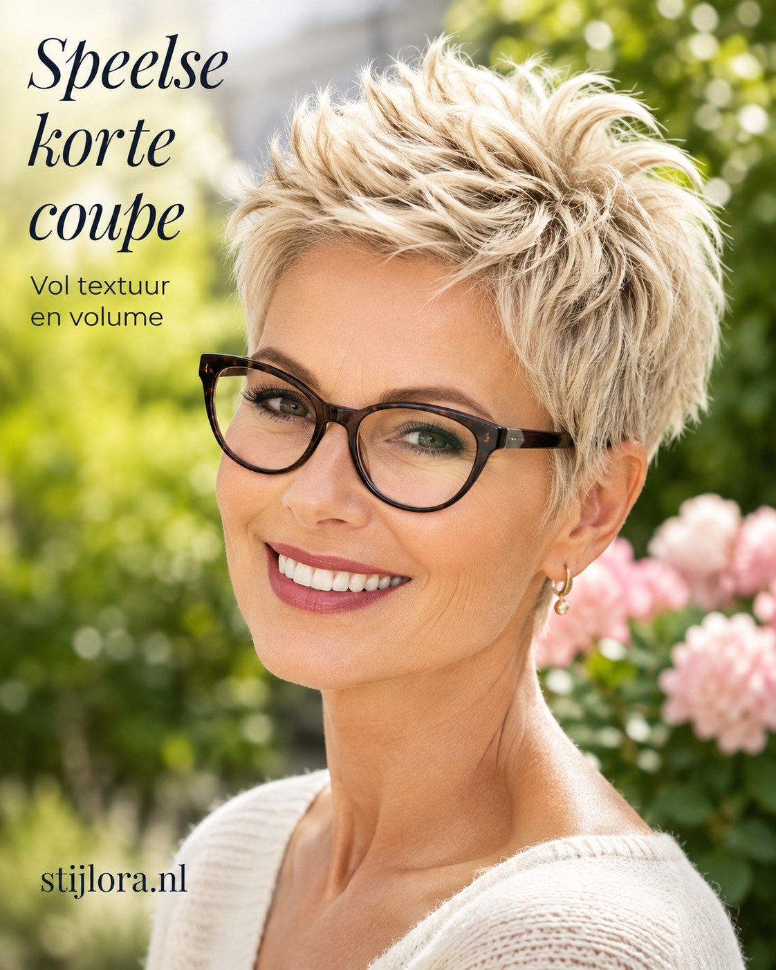 Kort kapsel met bril bij een speelse volle coupe met textuur in een tuinomgeving
