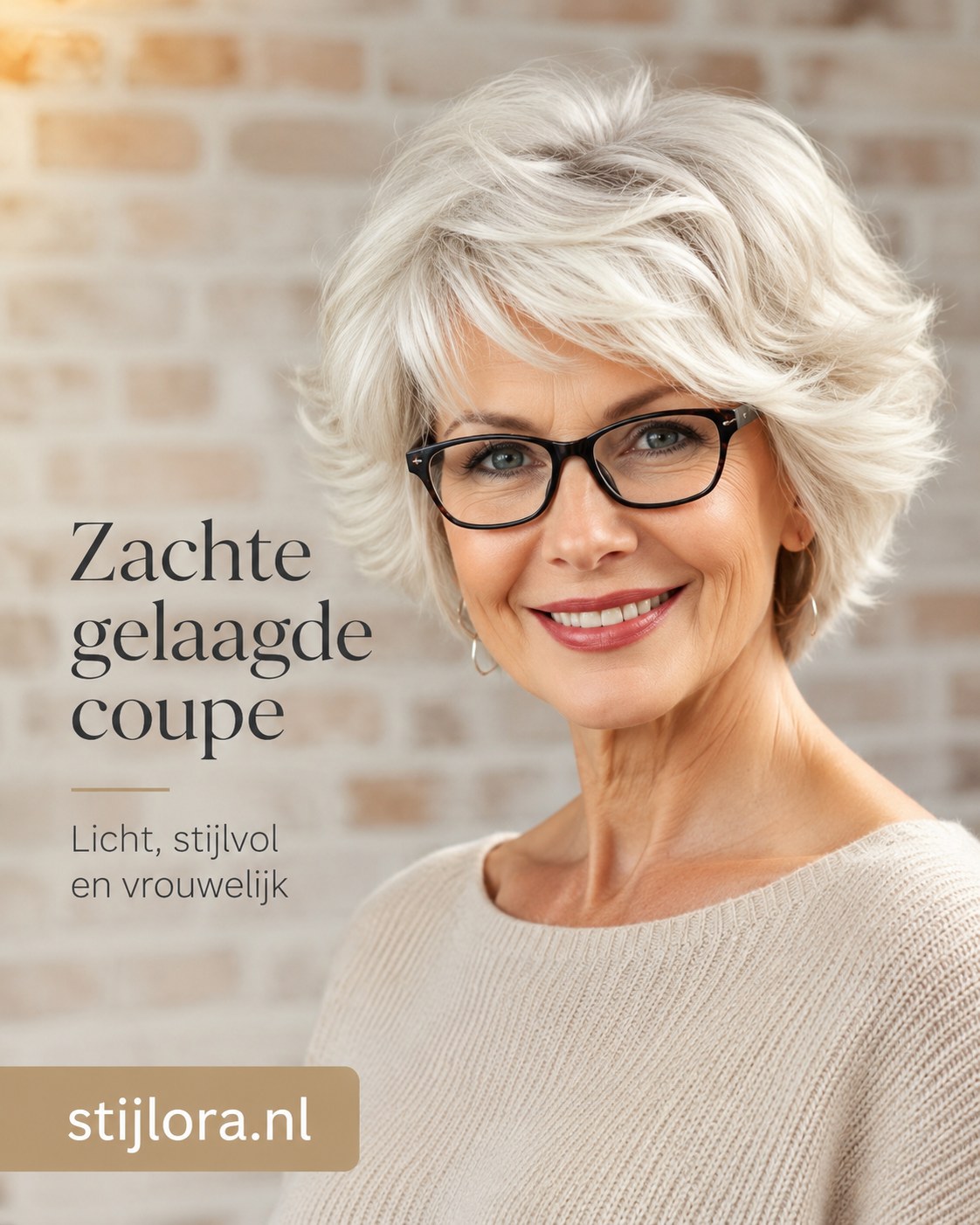 Kort kapsel met bril in een zachte gelaagde coupe met zilverwitte laagjes