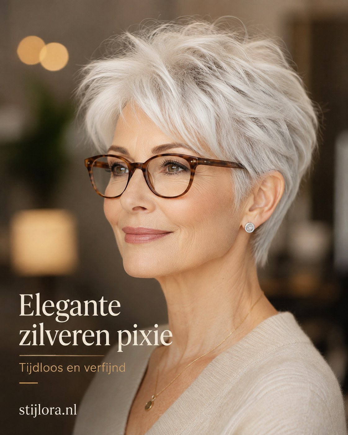 Kort kapsel met bril in een elegante zilveren pixie met schildpadmontuur