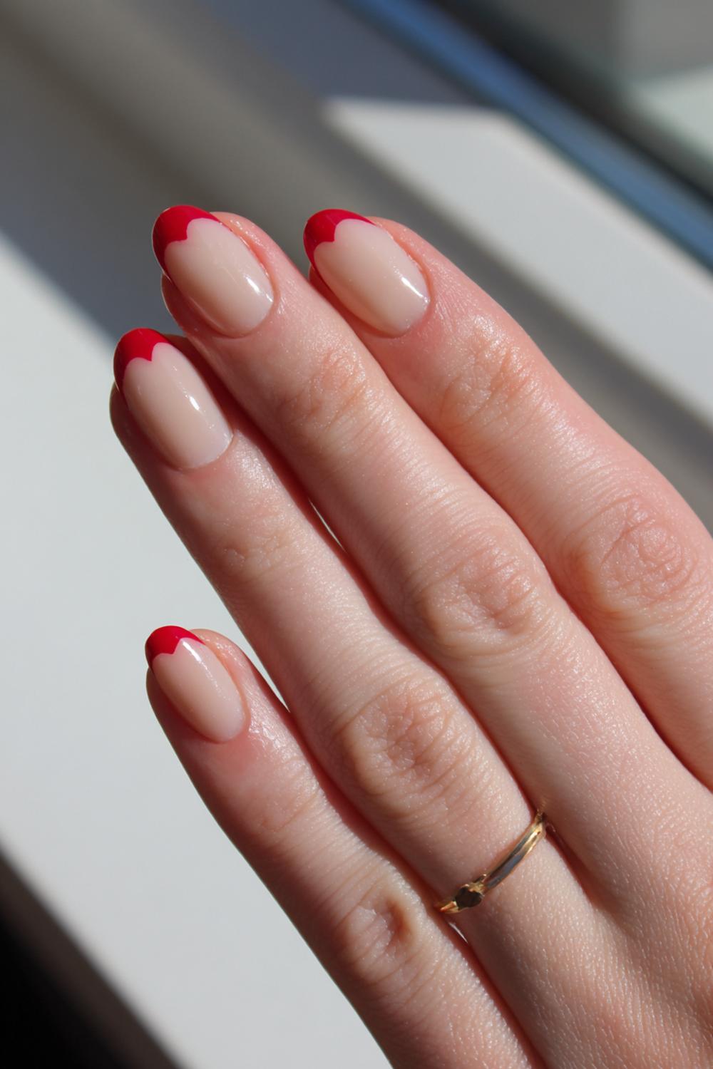 13. Nagels valentijn met nude basis en rode halfmoon bij de nagelriem