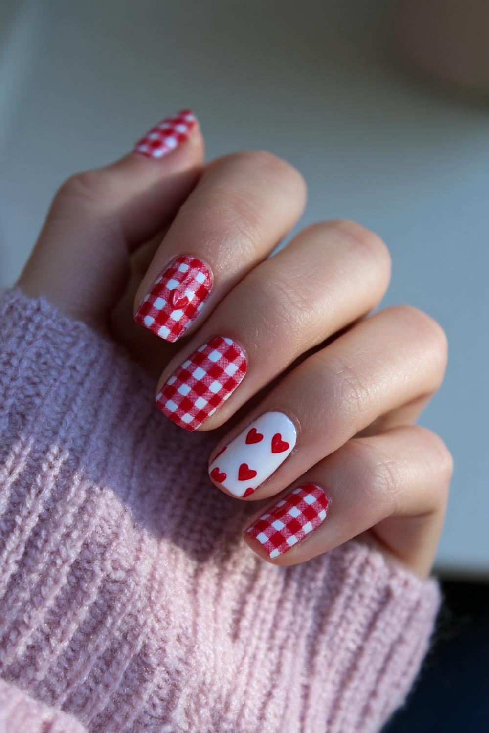 17. Nagels valentijn met rood-witte gingham en mini hartje