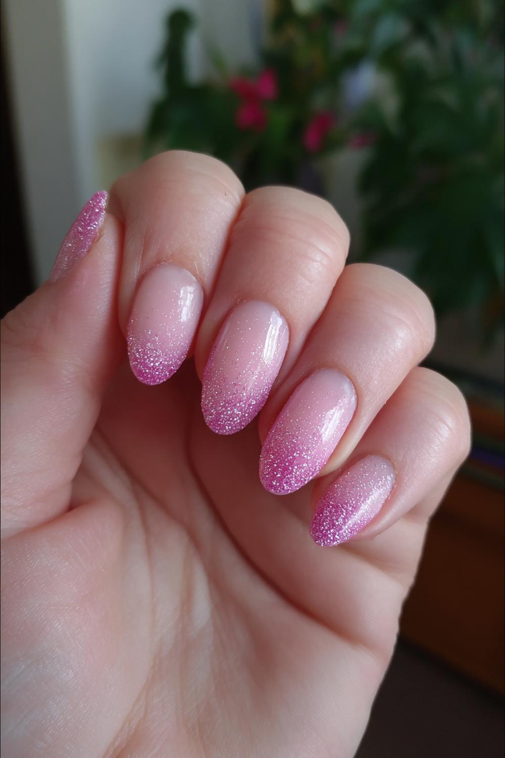21. Nagels valentijn met roze gradient en zachte glitterrand
