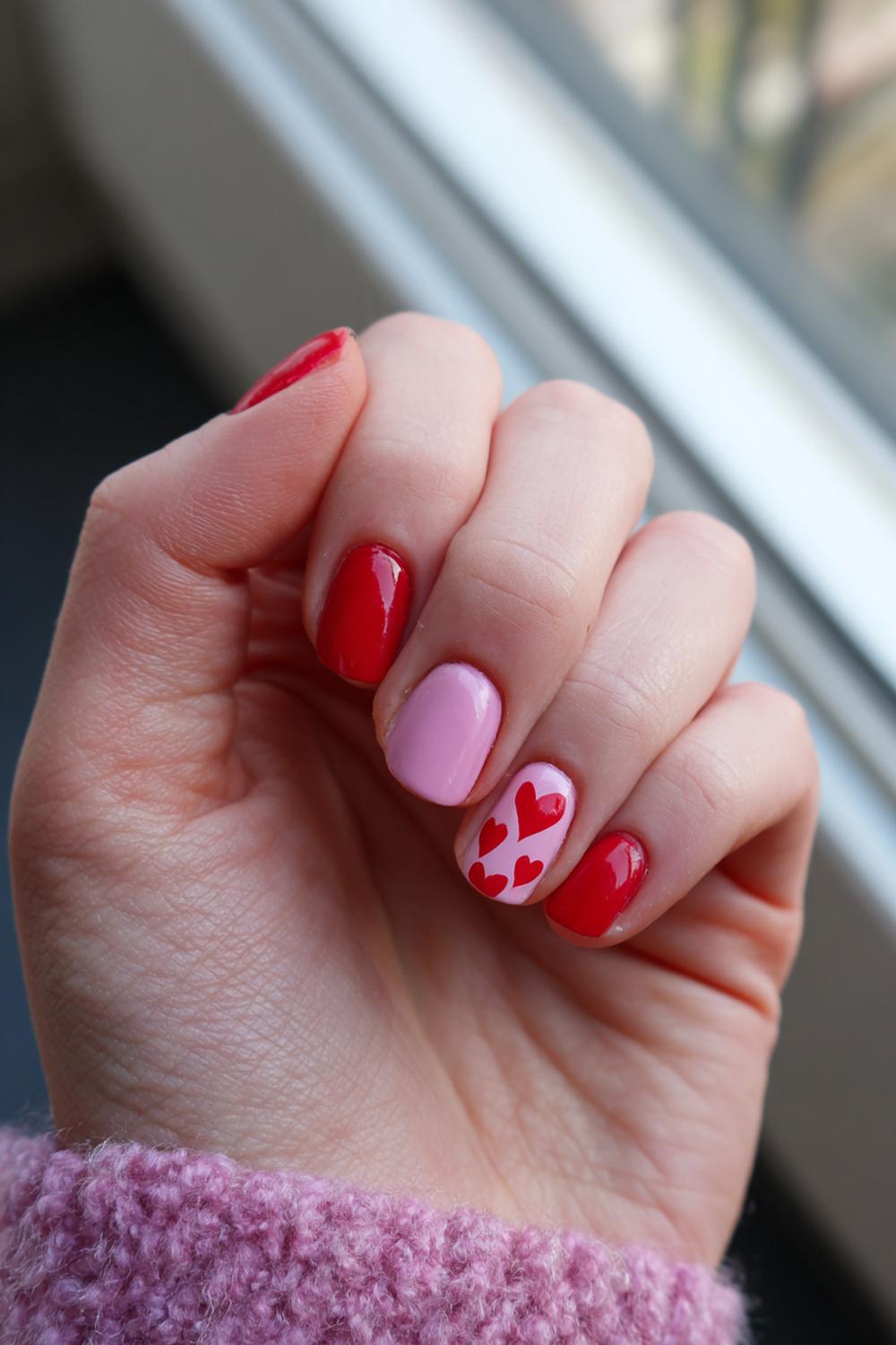 25. Nagels valentijn met rood en roze kleurblok op korte nagels