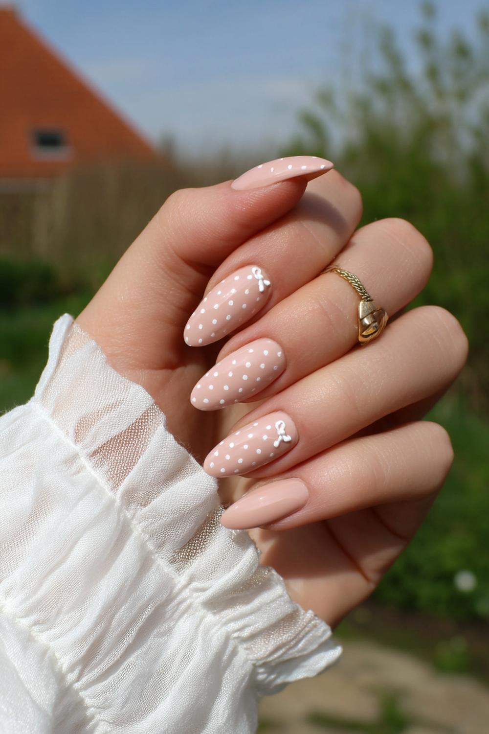 26. Nagels valentijn met zachte perzik-nude en mini strikje
