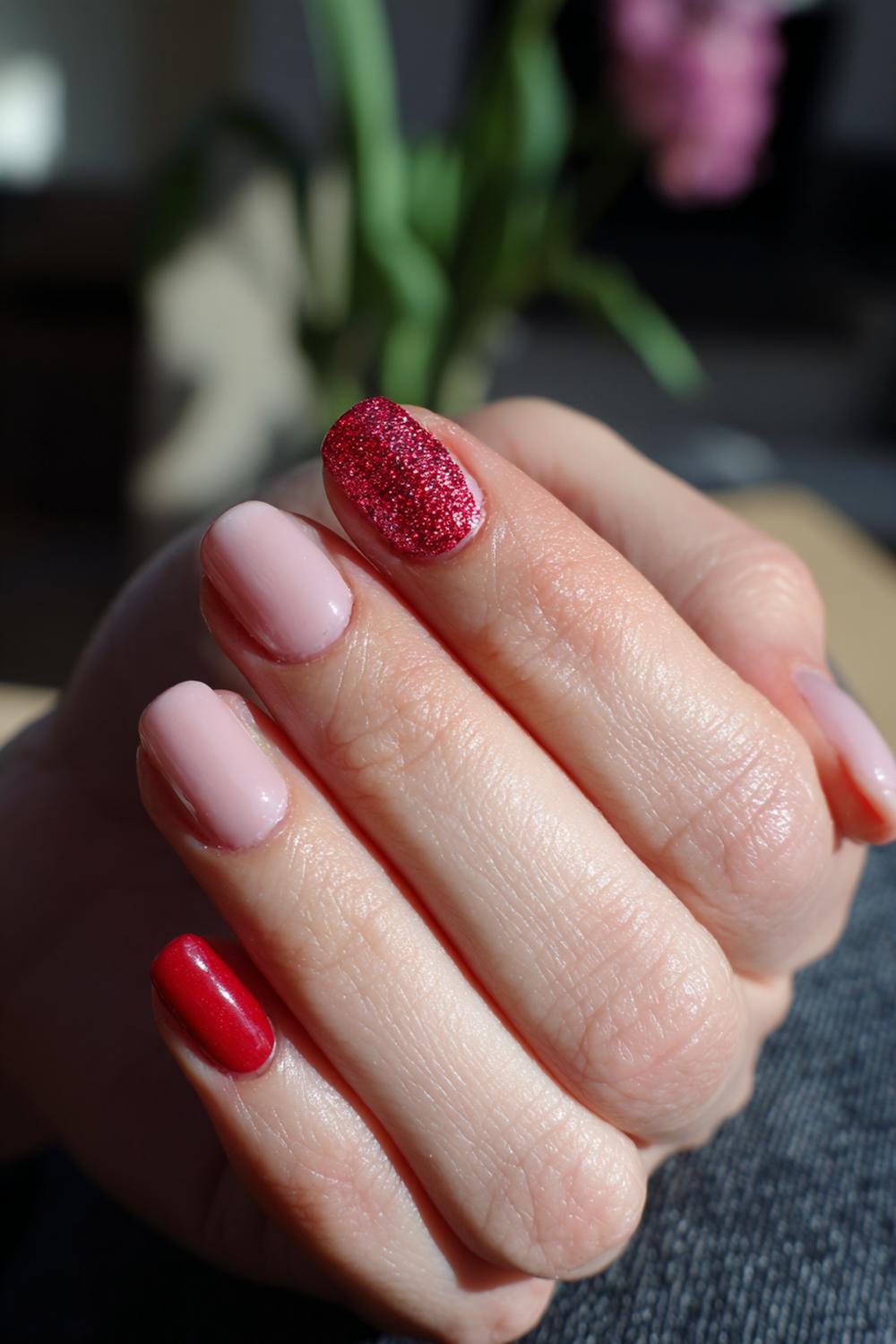 27. Nagels valentijn met rood glitteraccent op ringvinger