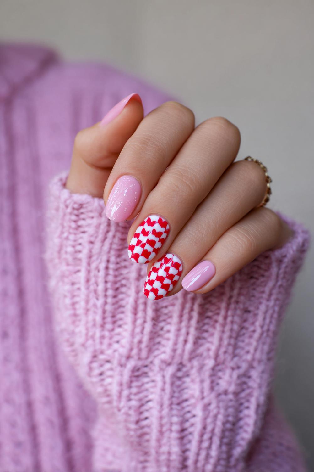 33. Nagels valentijn met roze en rood ‘checker’ patroon in mini formaat