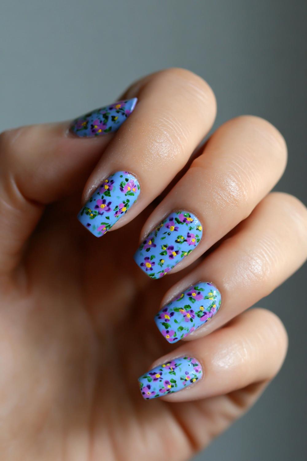 12. Nail art 2026 microbloemen in inktblauw op melkachtige basis