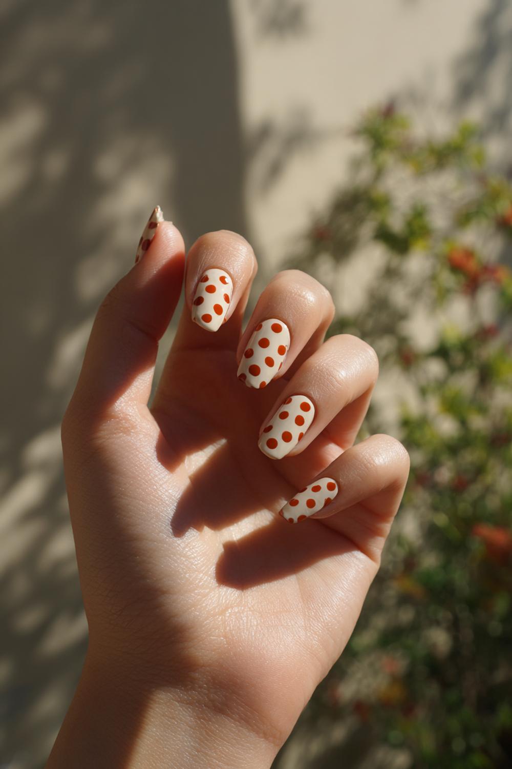 18. Nail art 2026 stippenpatroon in crème en terracotta