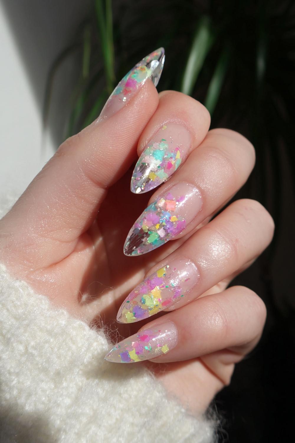 20. Nail art 2026 confetti-glitter in pastel met transparante randen