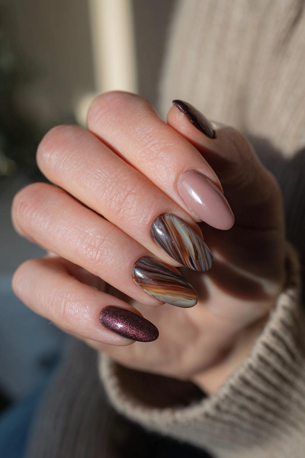 21. Nail art 2026 rookkwarts swirl in grijsbruin met glans