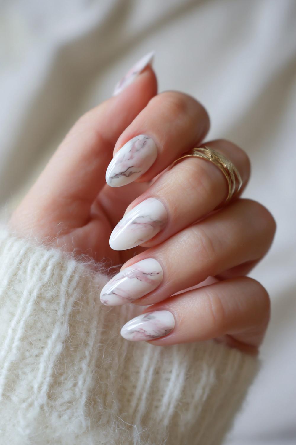 11. Nail inspo 2026: Rozenkwarts marmer op almond met melkglas