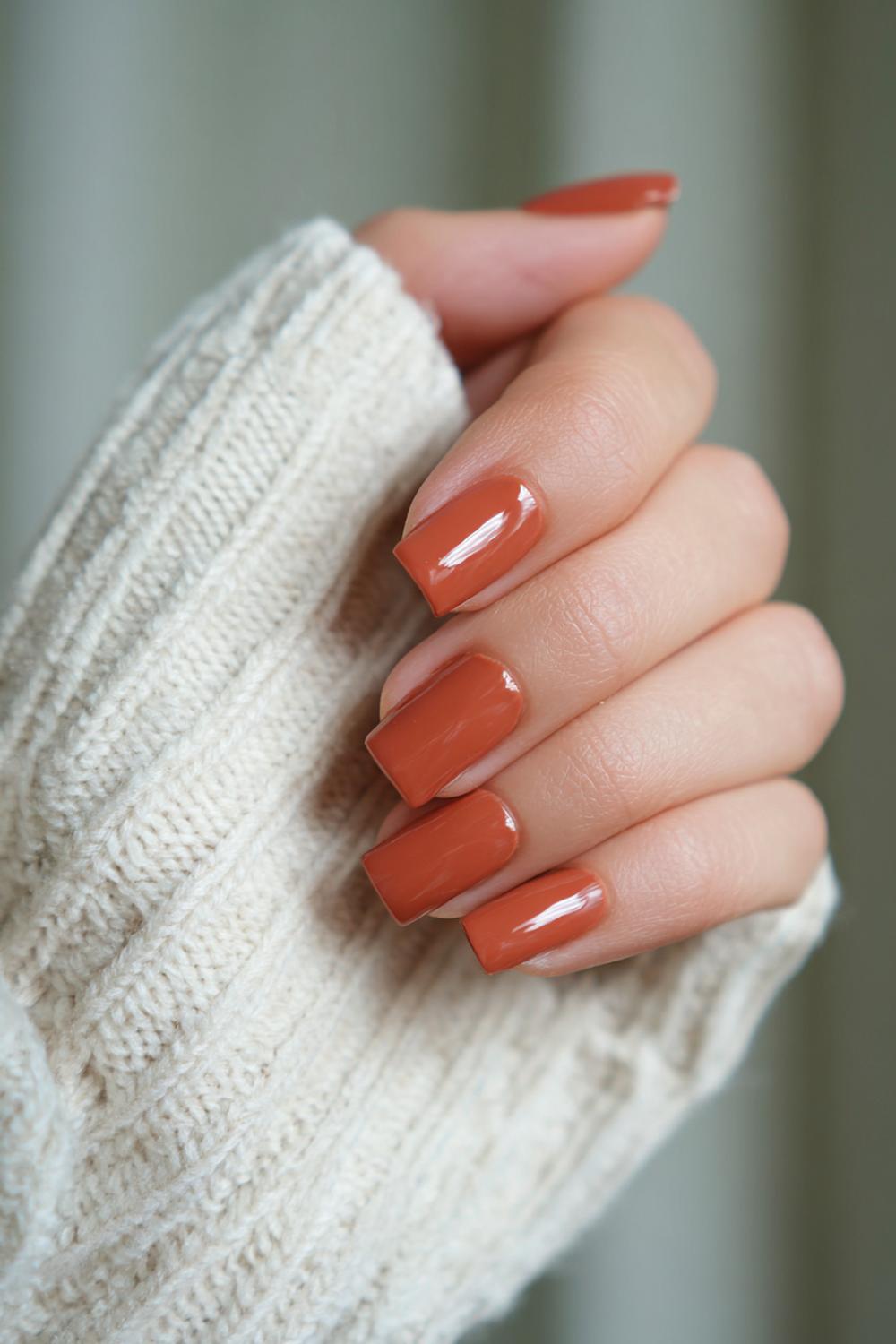 12. Nail inspo 2026: Terracotta glaze op korte squoval voor warme huidtinten