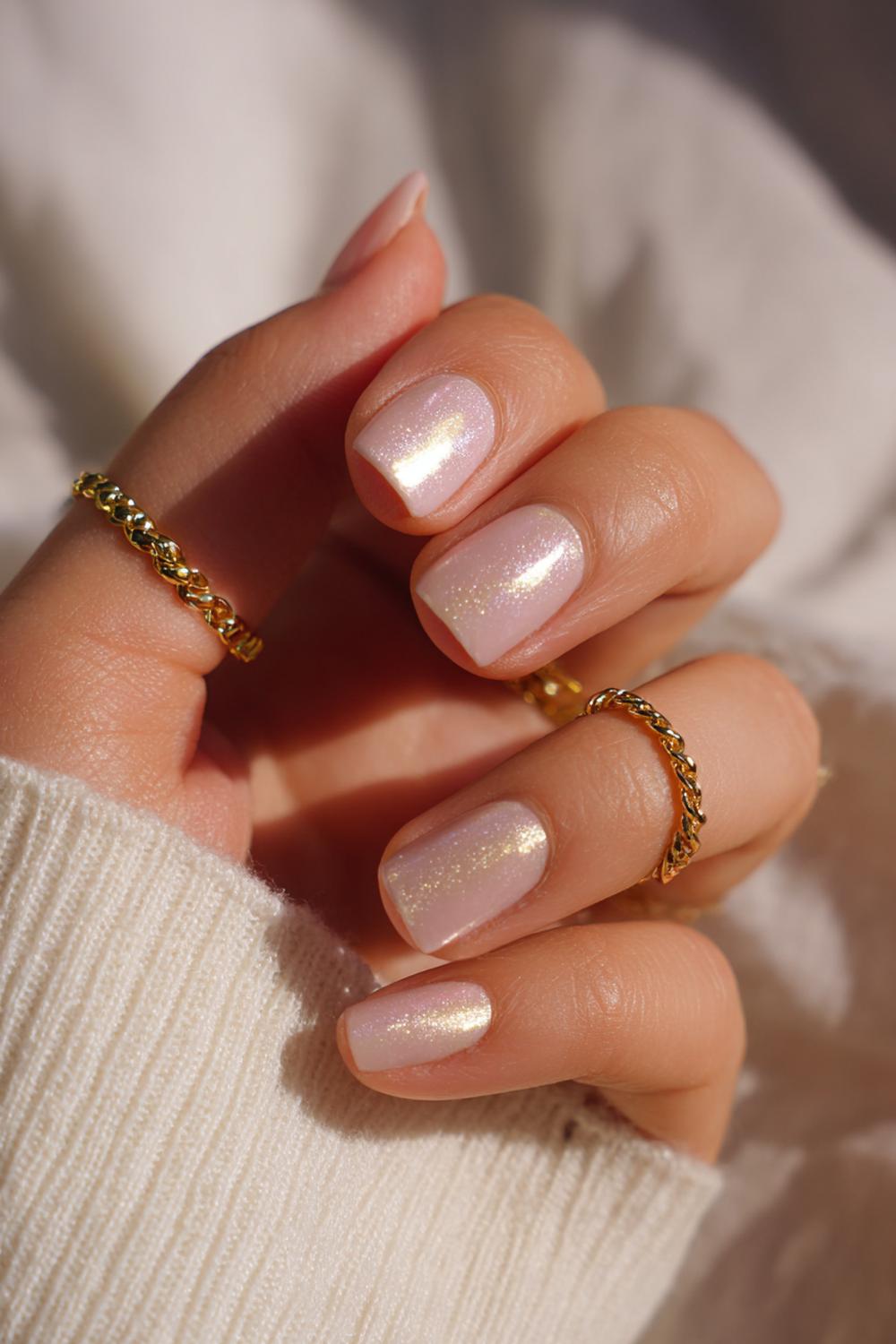 18. Nail inspo 2026: Gouden microchain langs de zijkant op short square