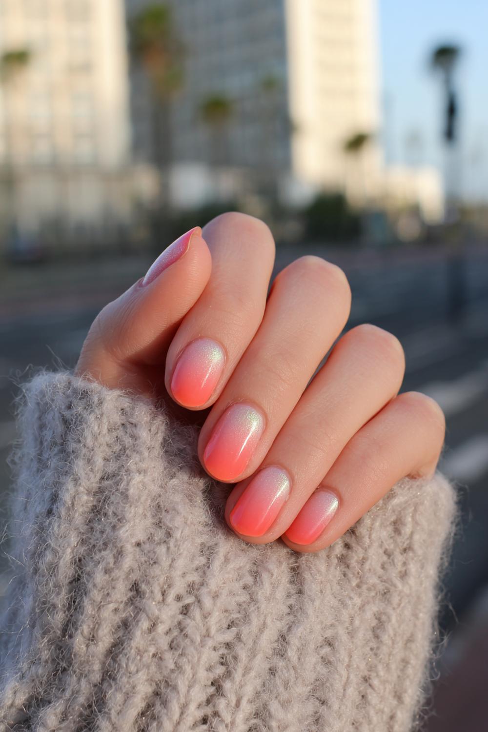 22. Nail inspo 2026: Koraal-peach gradient met glanspunt op de tip