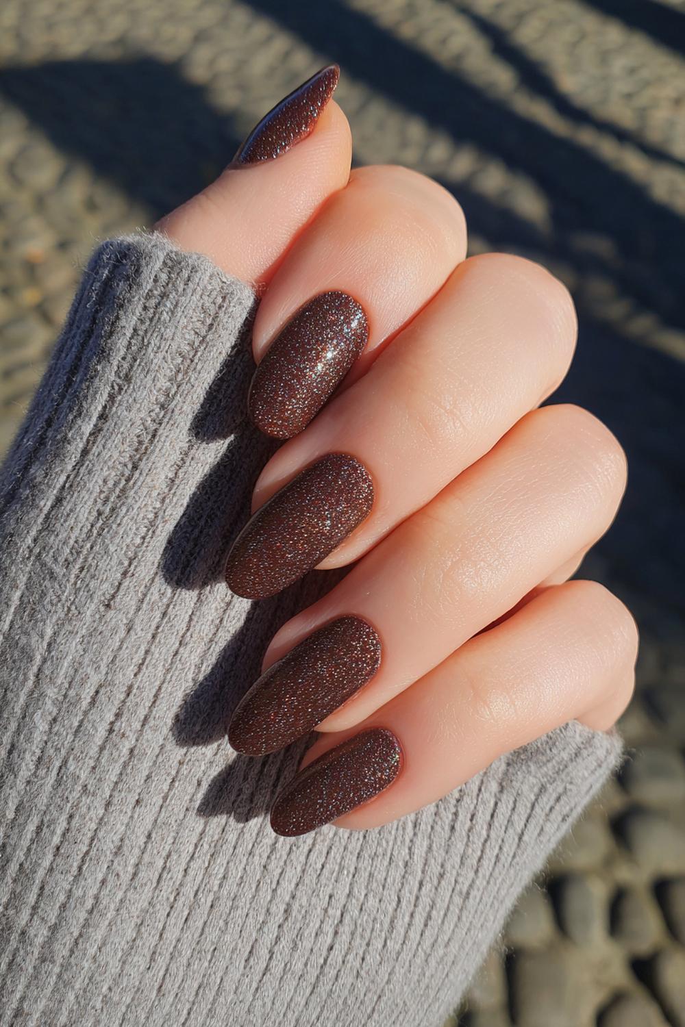 24. Nail inspo 2026: Koffiebonen-bruin met microshimmer op korte oval