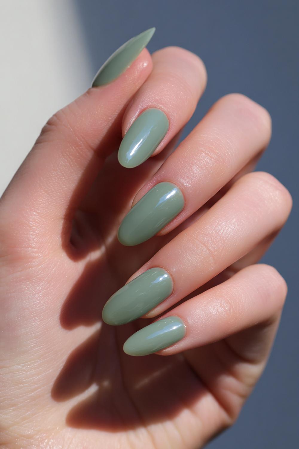 27. Nail inspo 2026: Zachte olijfgroene soap nails met ultraclean glans