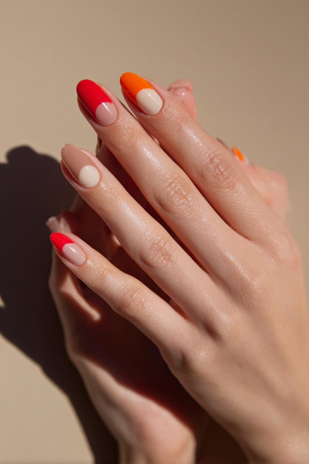 28. Nail inspo 2026: Roest-oranje half-moon design op nude base