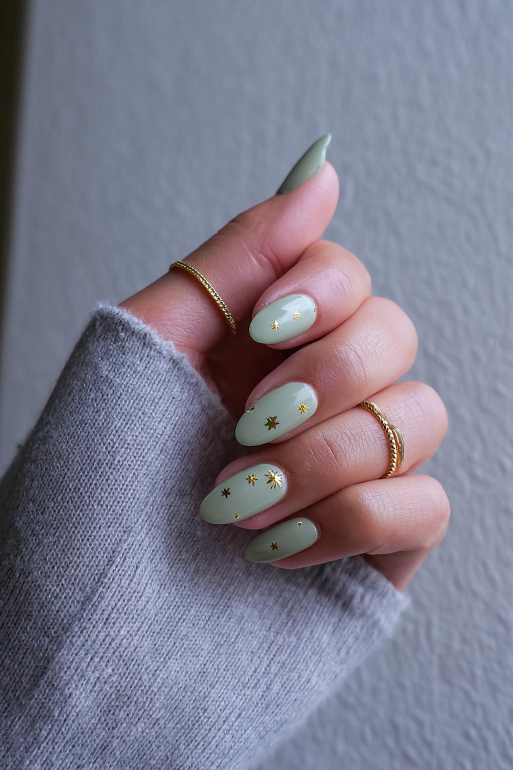 29. Nail inspo 2026: Celadon groen met fijne gouden sterrenstof