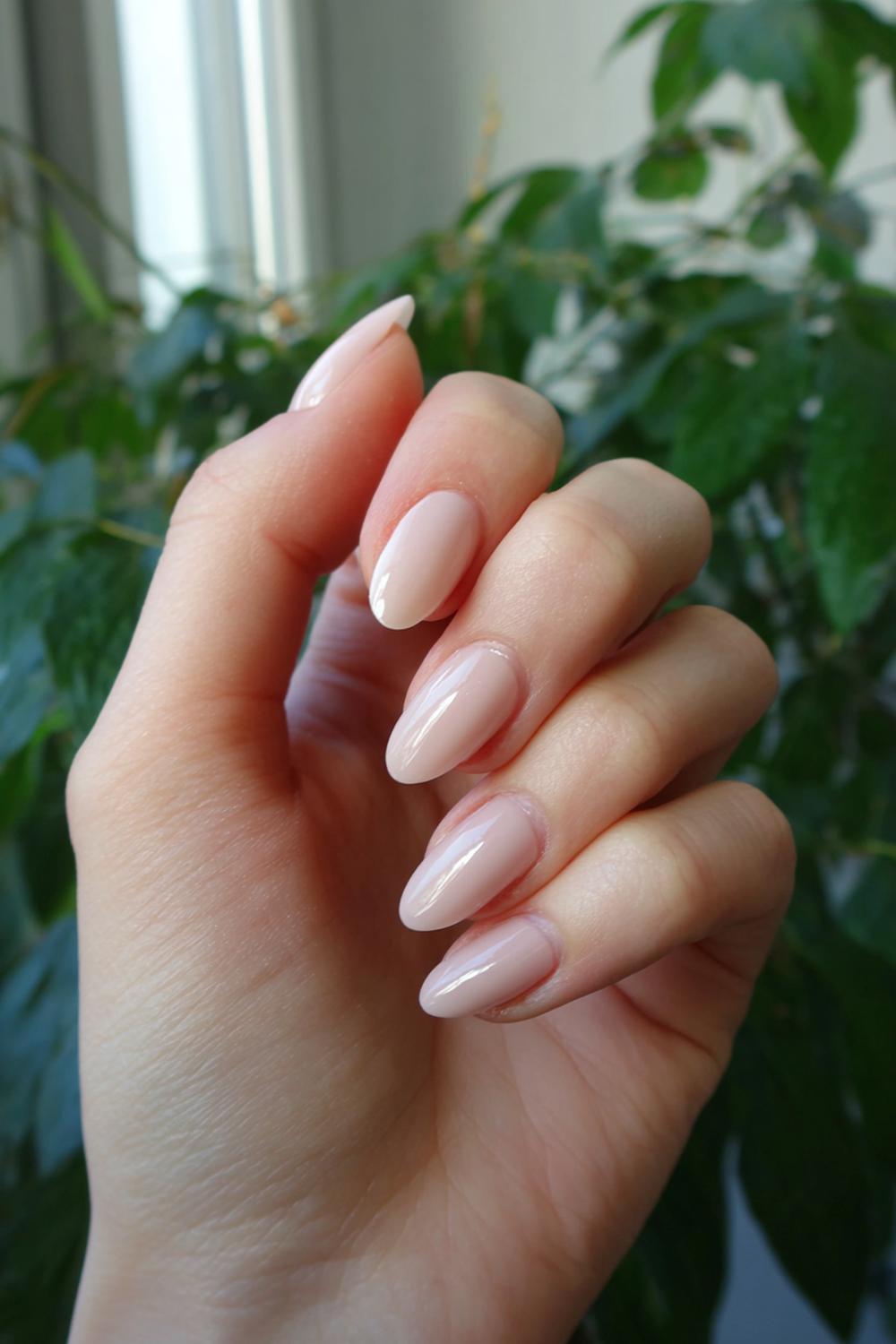 32. Nail inspo 2026: Perzik nude met subtiele contour-lijn langs de rand