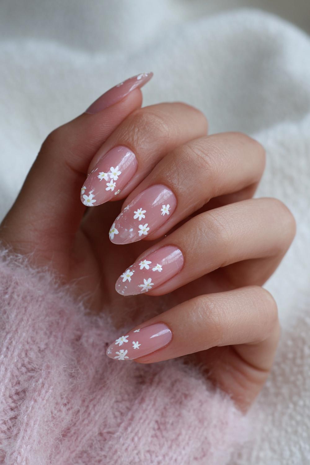 34. Nail inspo 2026: Witte microbloemen op sheer roze basis