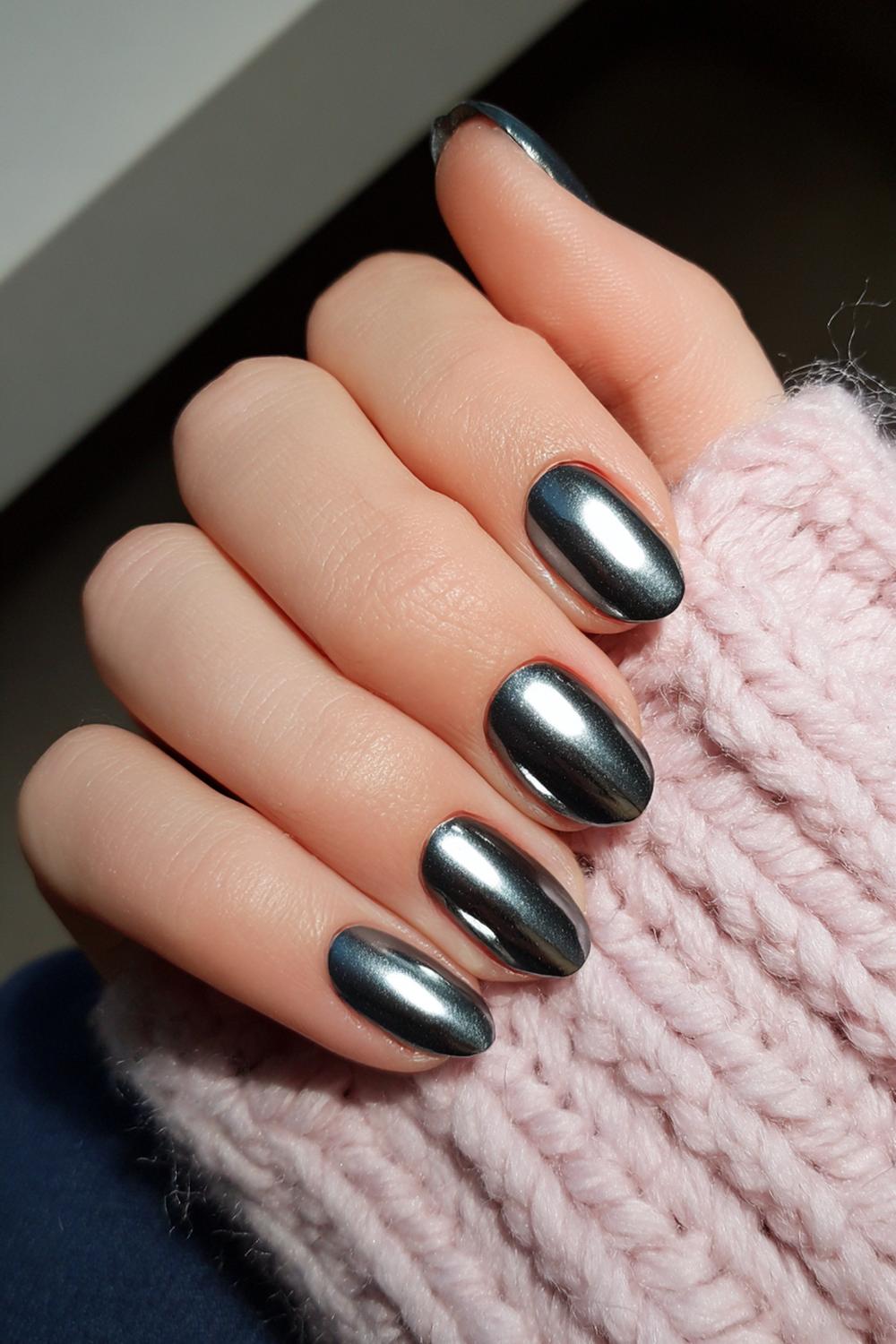 35. Nail inspo 2026: Graphite chrome op korte ronde nagels