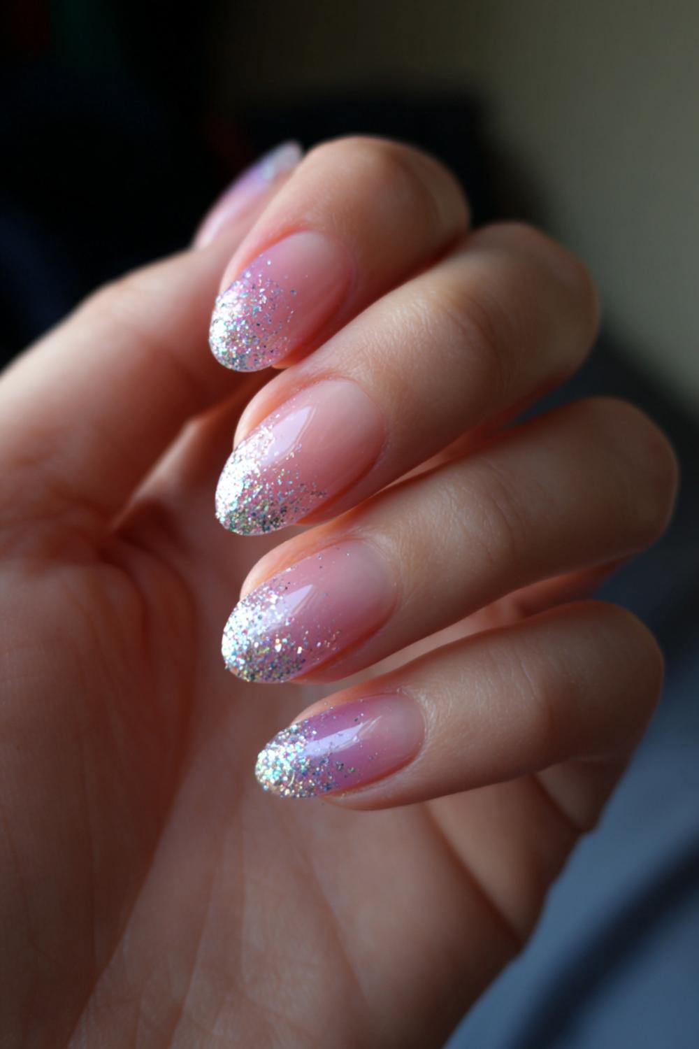26. Paznokcie 2026: Glitter-ombre bij de tip met fijne zilvermist