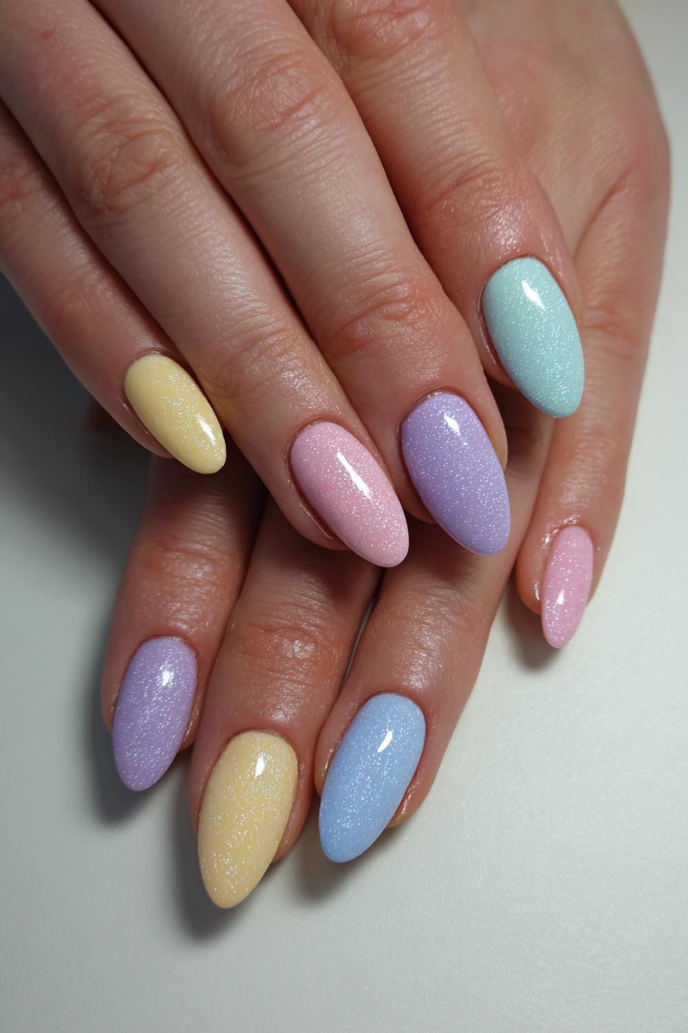 12. Gele boterpastel paznokcie wiosenne met subtiele parelglans