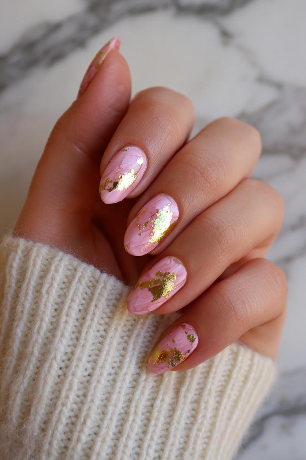 22. Gouden folie op blush paznokcie wiosenne met organische vlekken