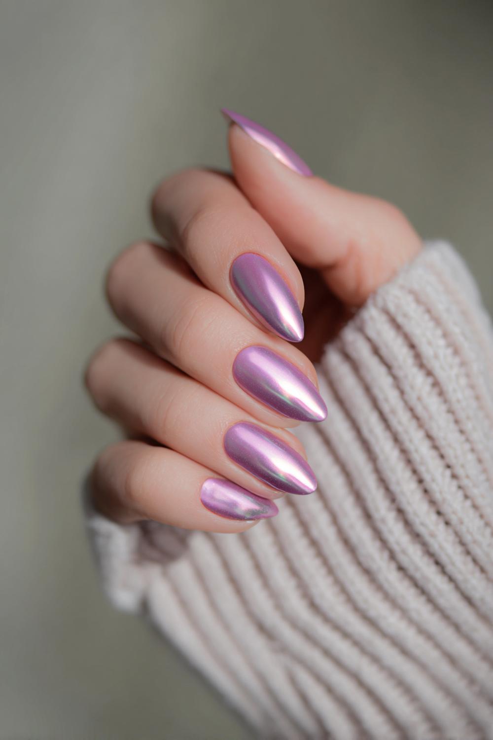 26. Lila cat-eye glans paznokcie wiosenne met magnetisch licht
