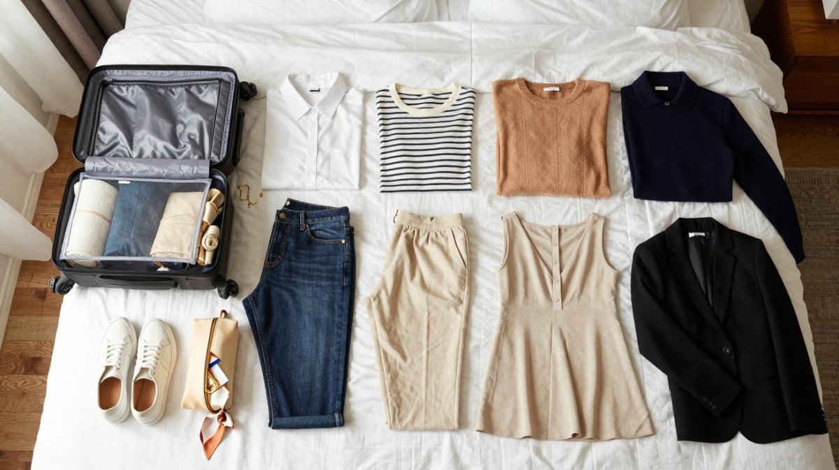 Reis capsule outfit met kleine koffer