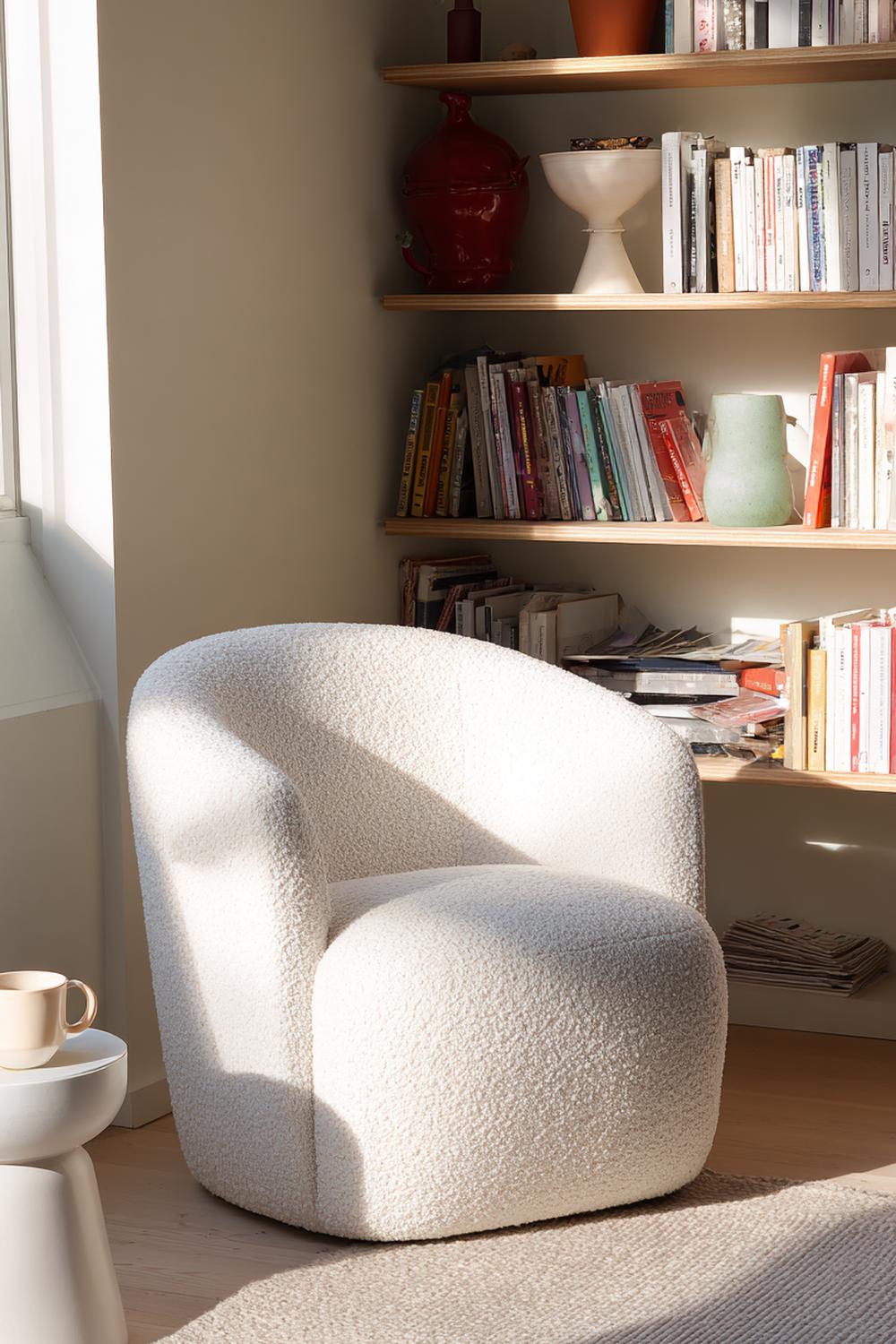 12. Slaapkamer inspiratie met een leeshoek en bouclé fauteuil