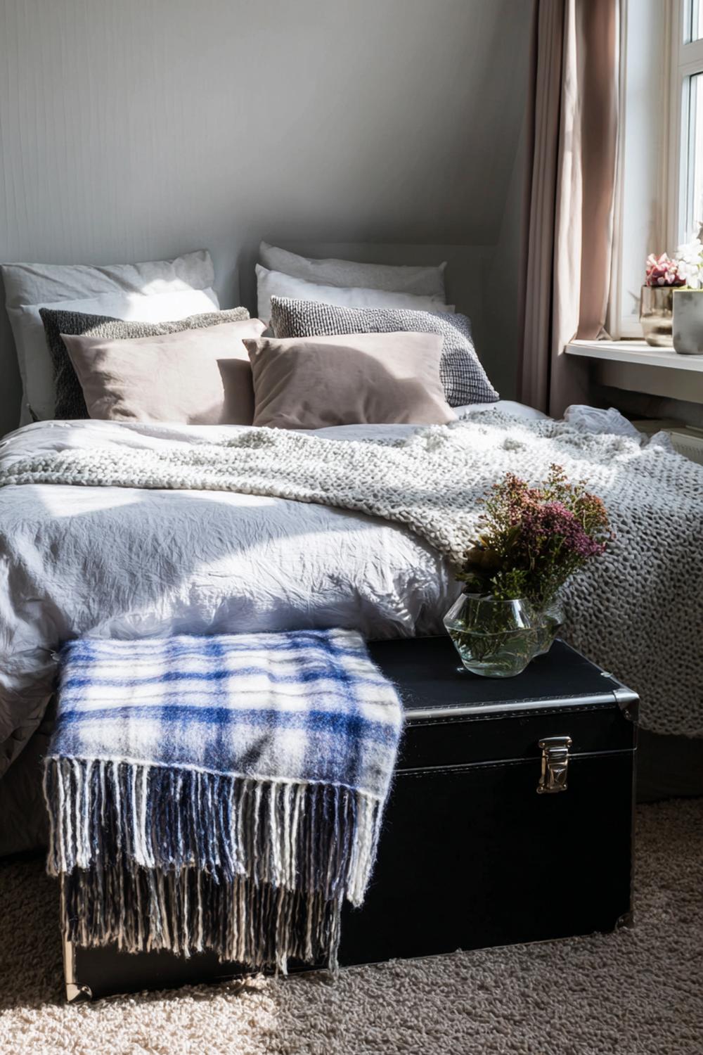 13. Slaapkamer inspiratie met een bankje aan het voeteneinde en plaid