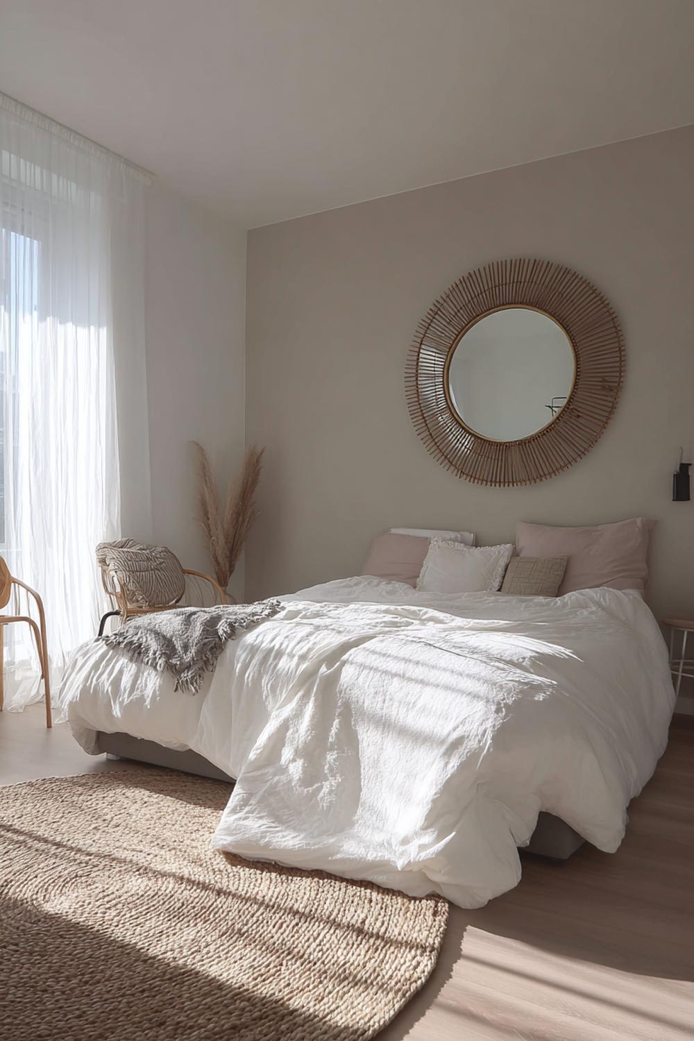 15. Slaapkamer inspiratie met een grote ronde spiegel en daglichtspel