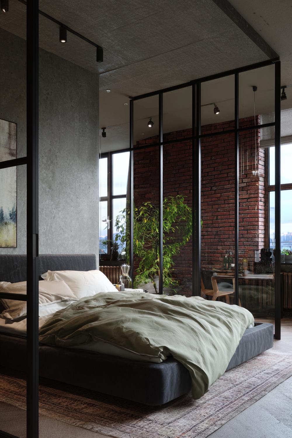 19. Slaapkamer inspiratie met zwart staal en glas voor een industriële sfeer
