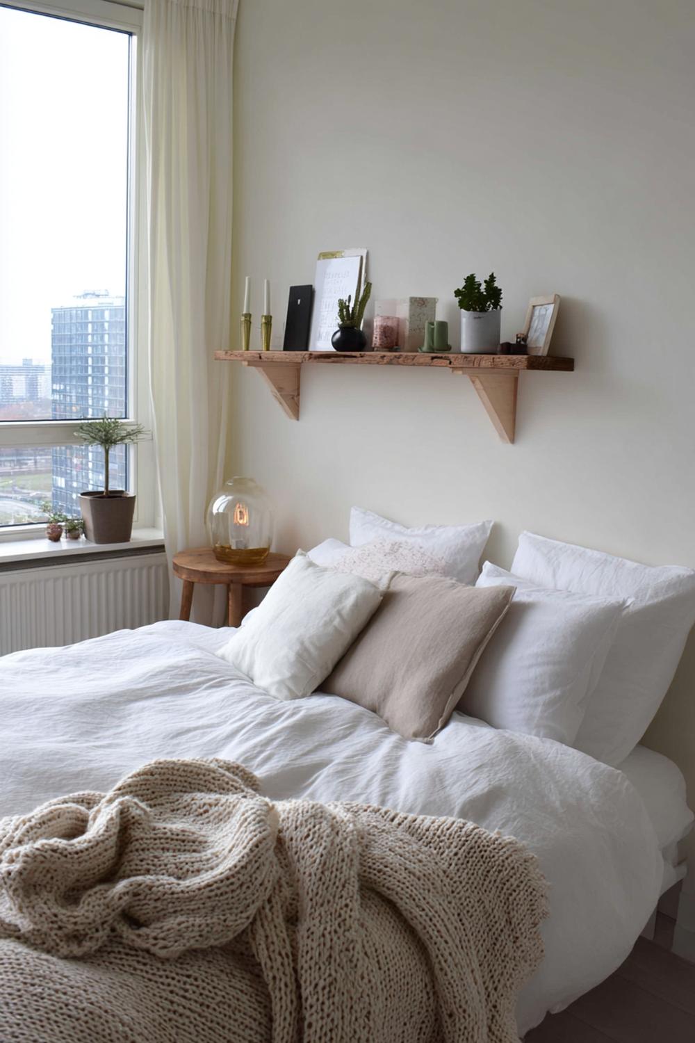 23. Slaapkamer inspiratie met wandplanken voor minimalistische decoratie